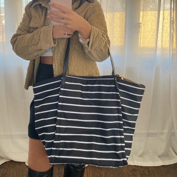 a new day Handbags - A new day oversized black and white striped nylon tote bag
